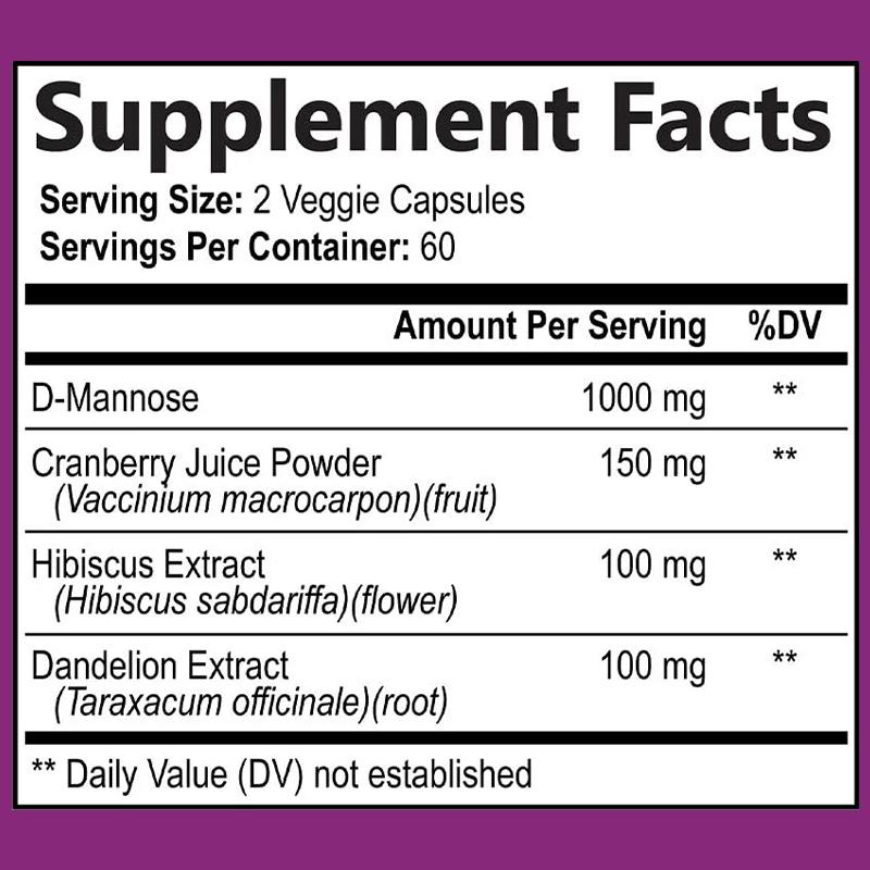 Dandelion D-Mannose with Cranberry & Hibiscus 1000mg 120 Veggie Capsules Dietary Supplement