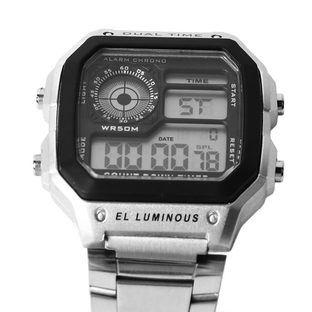Мужские винтажные цифровые часы Generic из нержавеющей стали с застежкой-пряжкой, серебристые, светящиеся, водонепроницаемые.