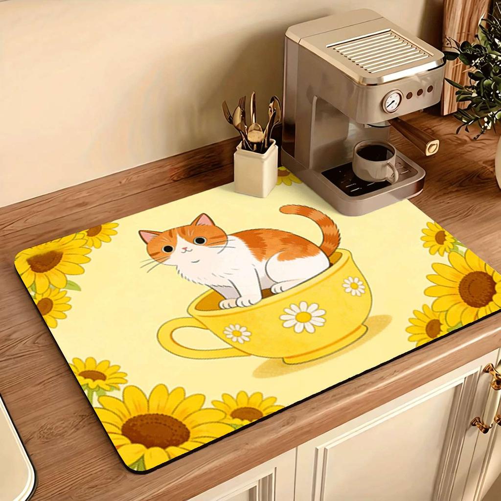 1 шт. Резиновый коврик для сушки с милым котиком для кофейни, ресторана, кухни, ковер, посуда, прочный, из диатомита, коврик для стола, коврик для питомцев