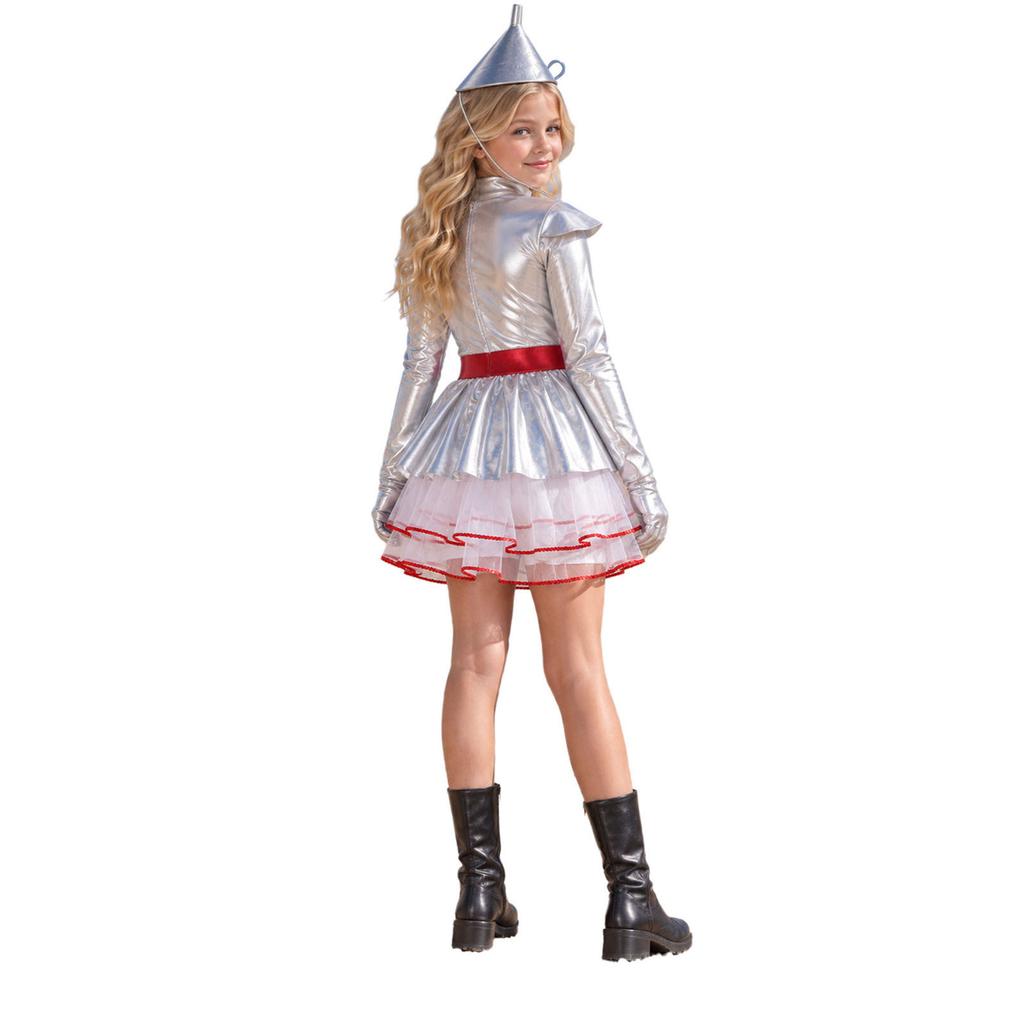 Kids Girls Tin Costume Halloween Tutu Dress Mock Neck Long Sleeve Back Invisible Zipper Metallic Tulle with Hat Axe Gloves for Theme Party