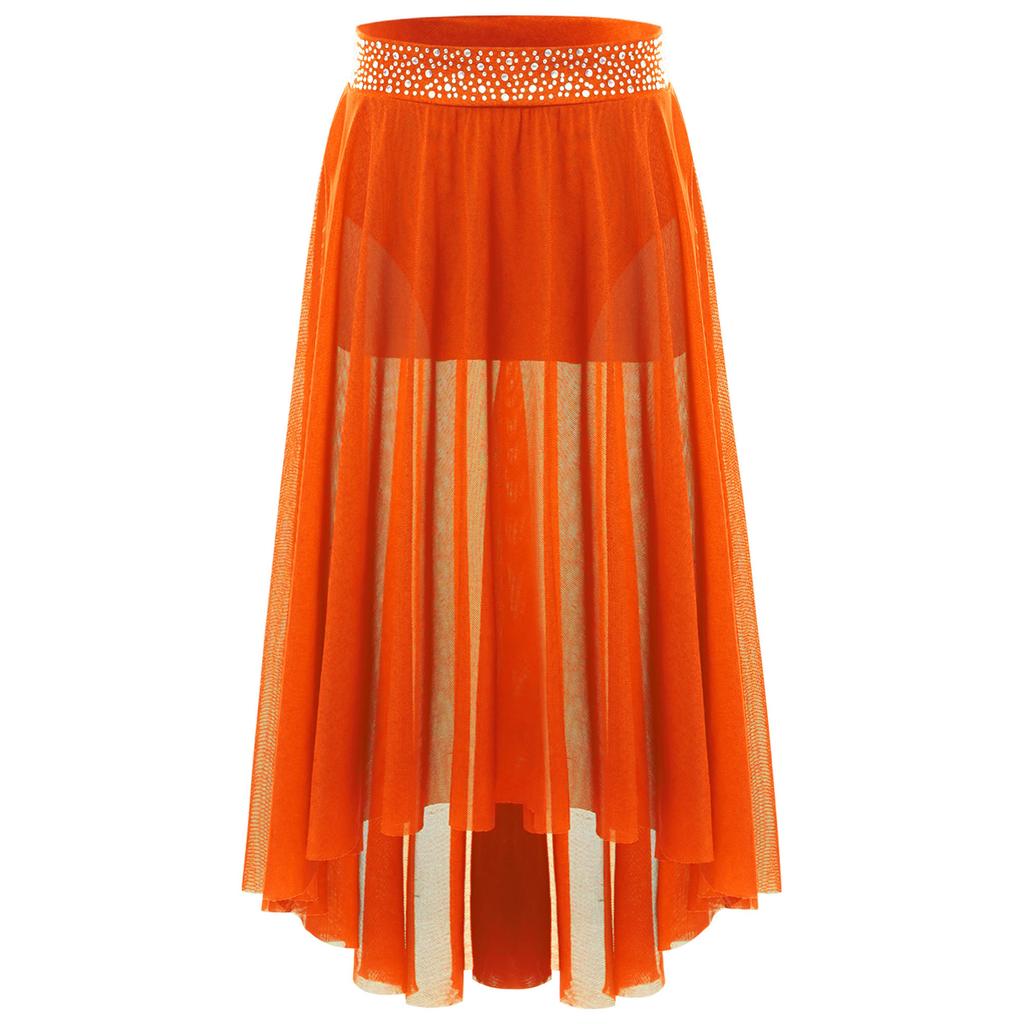 Юбка для лирического танца для девочек с блестящим поясом из стразов, сетчатая юбка хай-лоу, боковой разрез, современный