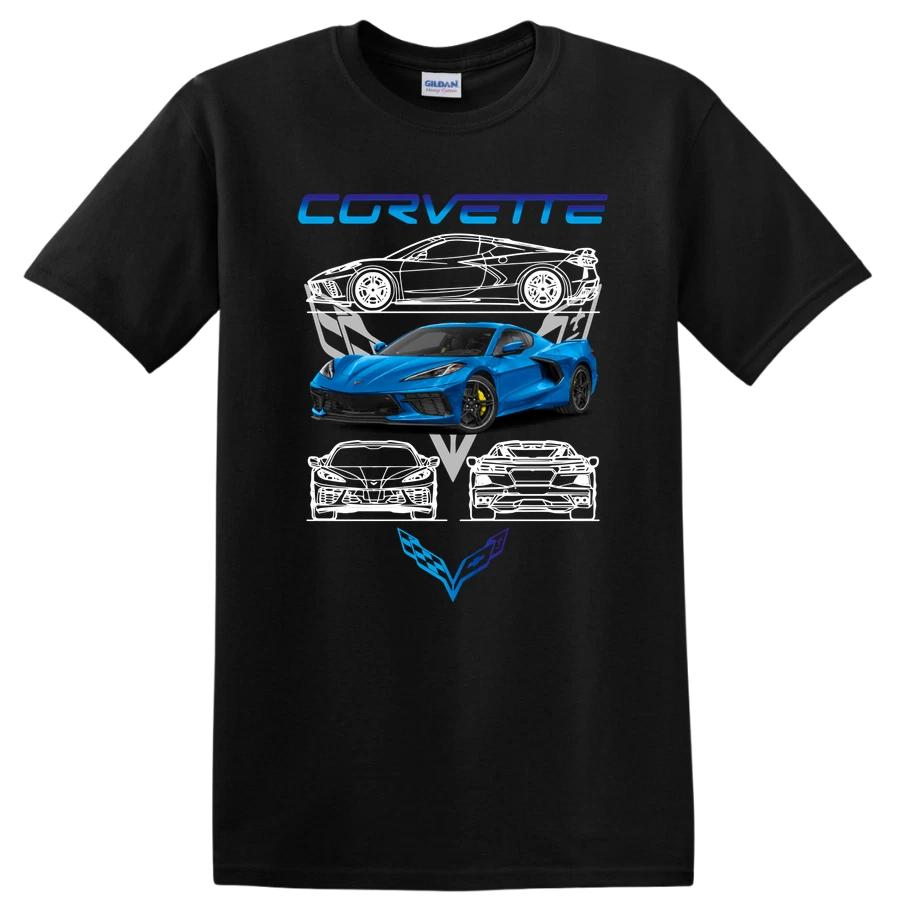Синяя спортивная футболка с графикой Corvette C8 для автолюбителей и фанатов
