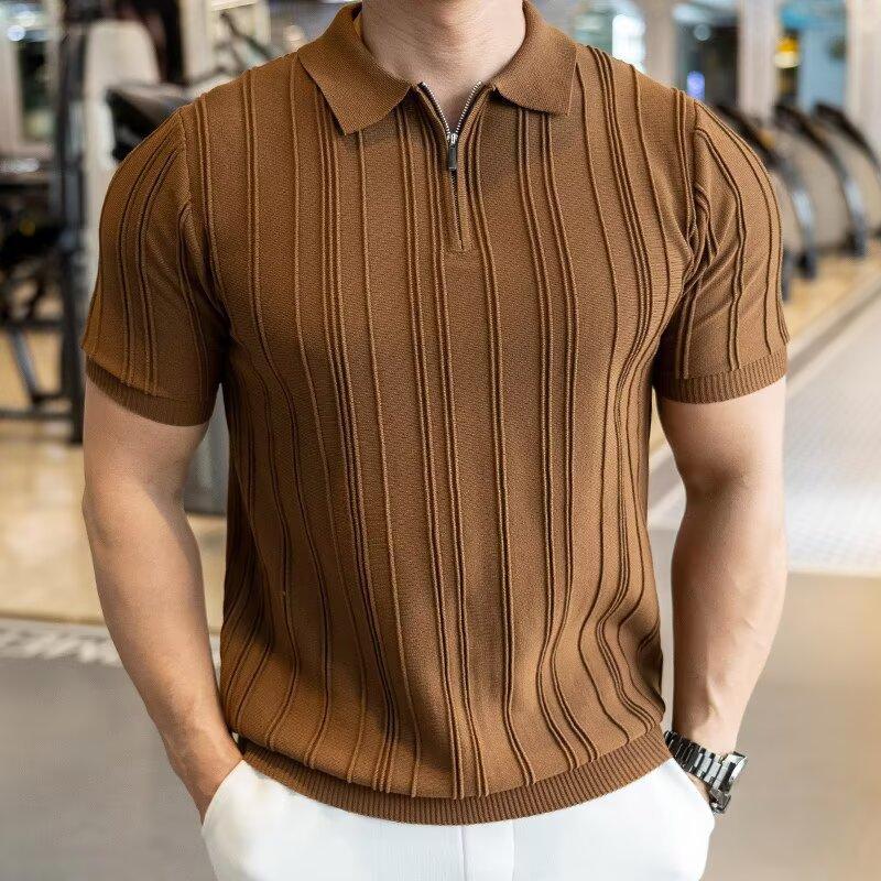 Summer semi-zipper short-sleeved men's shirt solid color slim-fitting fashion versatile non-ironing lapel-neck knitted sweater