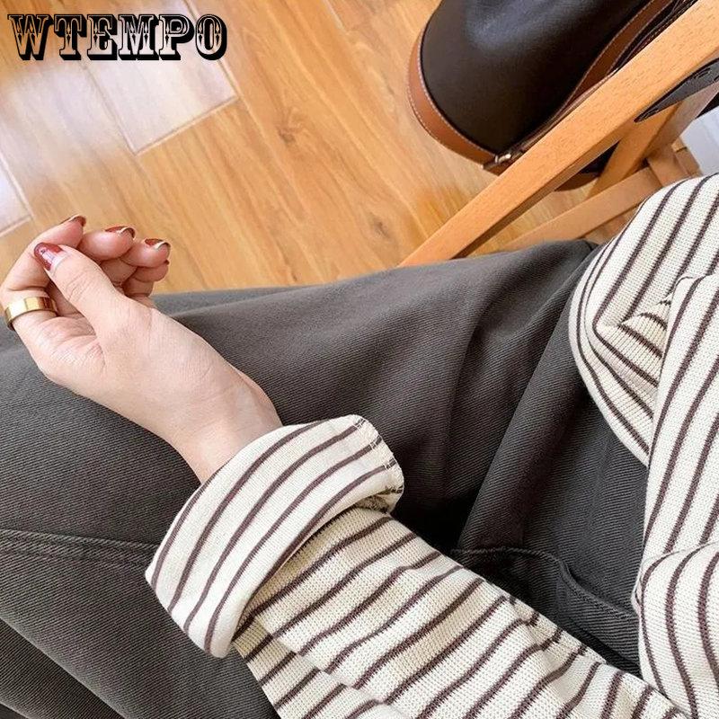 WTEMPO Хлопковая футболка в кофейную полоску, женская свободная весенняя офисная женская повседневная шикарная универсальная футболка с длинными рукавами