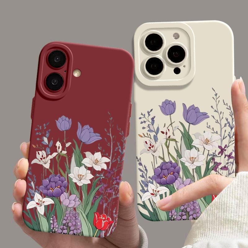 Фиолетовый цветочный узор Чехол для телефона Для iPhone 16 16E 15 14 13 12 11 Pro Max XR X XS 12 Mini 16E 7 8 Plus Силиконовый чехол