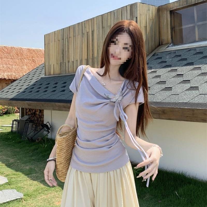 French Irregular Design Short Sleeve Butterfly Top With Embroidery For Summer Fashion