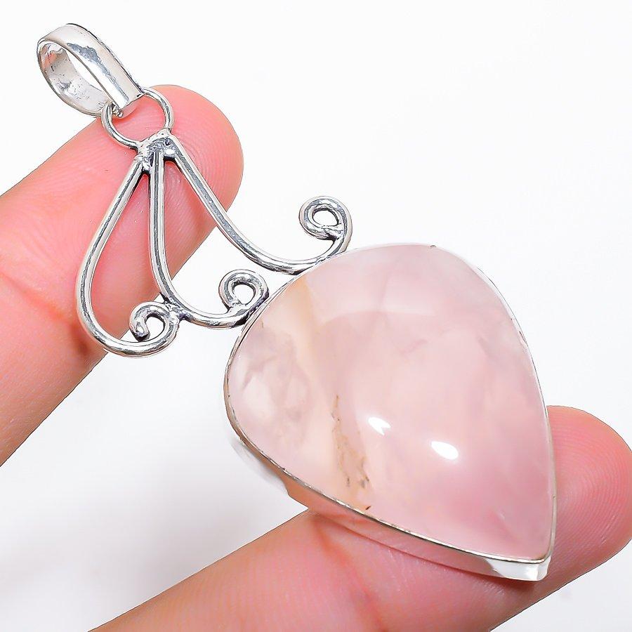 Rose Quartz Gemstone Handmade 925 Sterling Silver Jewelry Pendant 2.64"