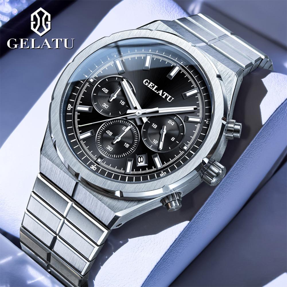 GELATU 8001 Man Watch Solid Stainless Strap Waterproof Luminous Classic Chronograph Quartz Watches for Men High-end Men's Watch