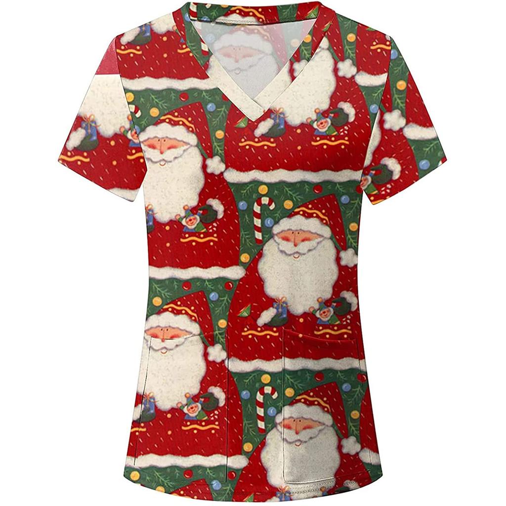Женские топы с короткими рукавами и v-образным вырезом с рождественским принтом, рабочая форма, карманная блузка