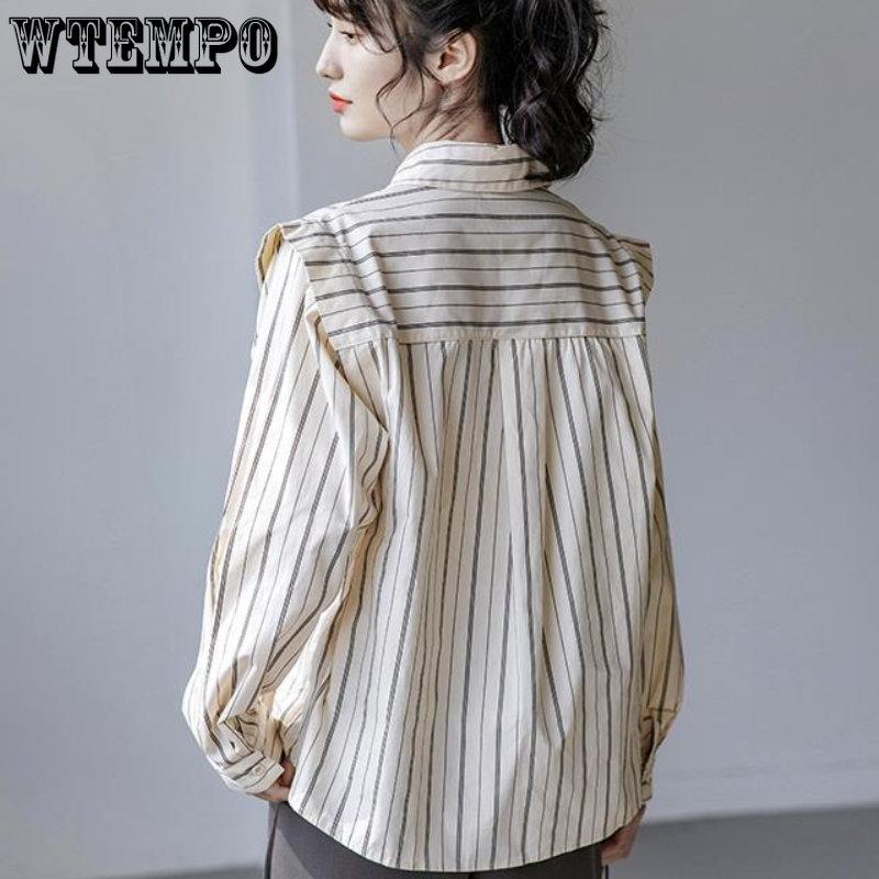 Весенне-осенняя женская рубашка с длинным рукавом и вертикальными полосками, небольшой модный топ