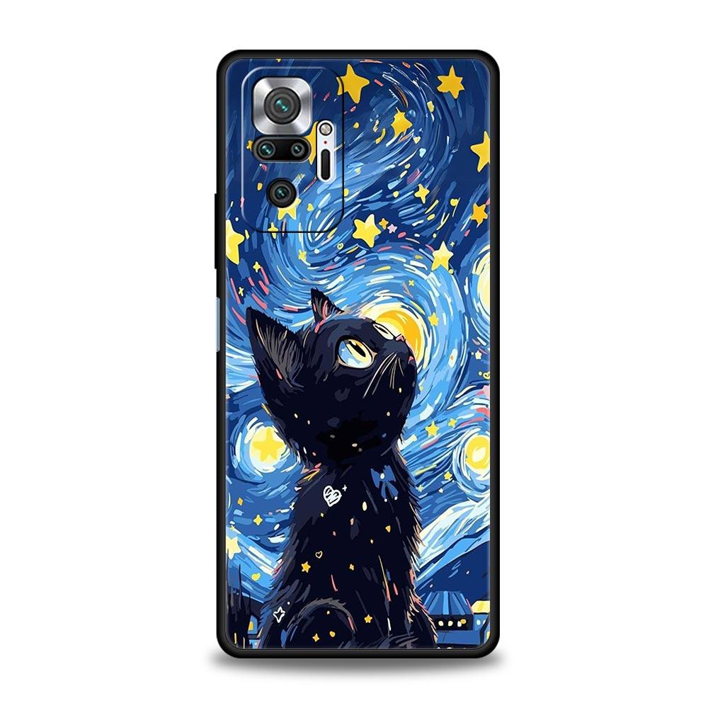 Чехол для телефона 'Кот Ван Гог Звездная ночь' для Xiaomi Redmi Note 14 13 5G 10 11 12 Pro Plus 4G 14C 13C 12C 10C Черный