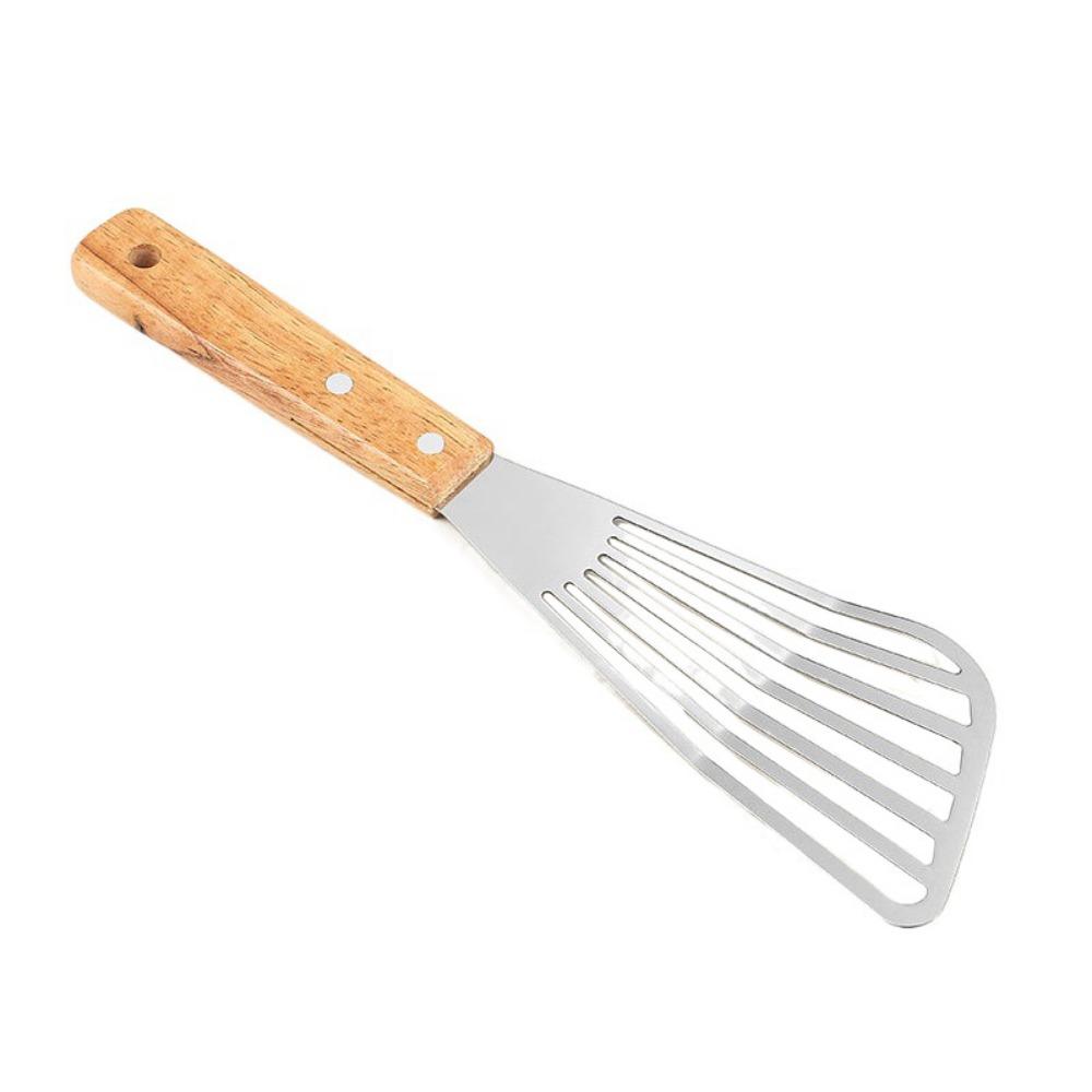 Wooden Handle Slotted Fish Turner Stainless Steel Flipping Frying Spatulas Steak