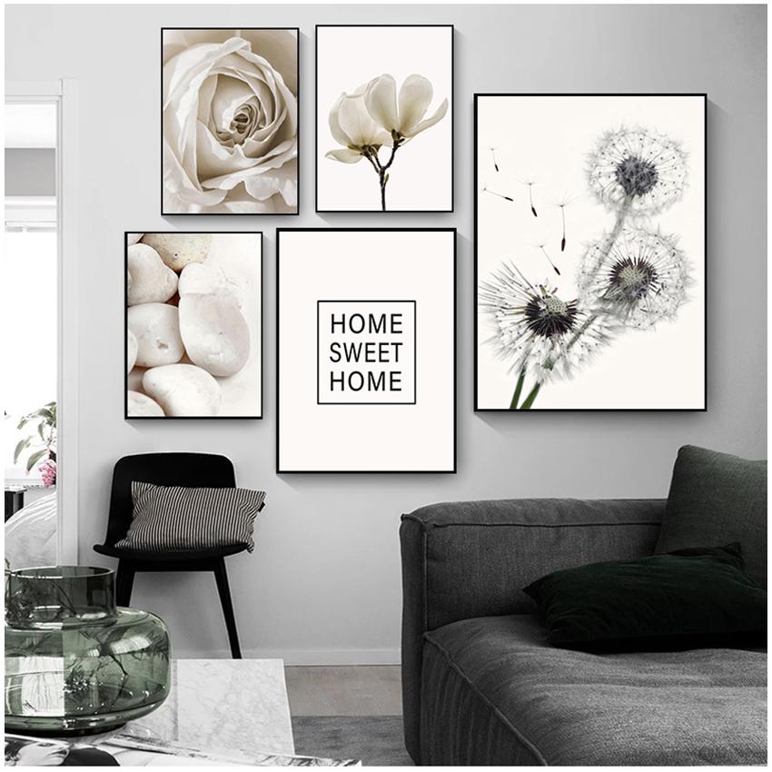 And Prints Plant Wall Pictures For Living Room Decor White Rose Flower Feather Dandelion Wall Art Canvas Painting Nordic Posters