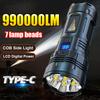 990000 Powerful Flashlight With 7 Wicks Super Tactical Light With COB Side Light Camping Lantern USB Rechargeable Outdoor Torch