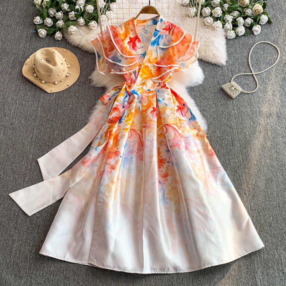 Элегантные длинные платья с цветочным принтом для женщин, летние, праздничные, с рукавами-рюшами, цельные, запашные, с V-образным вырезом, винтажные, ретро, вечерние