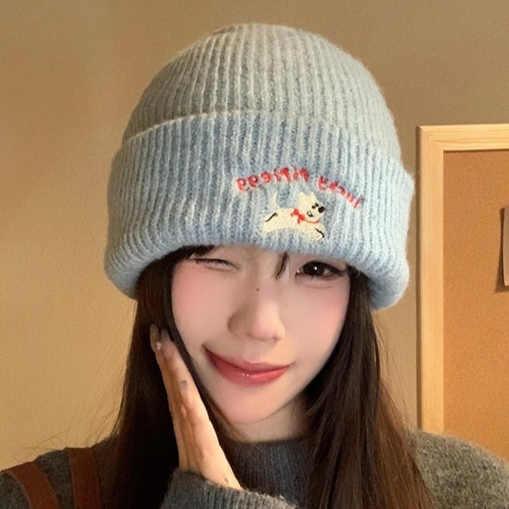 Cute Puppy Embroidery Winter Knitted Hat Thicken Winter Warm Beanie Cap Windproof Soft Crochet Bonnet Hat