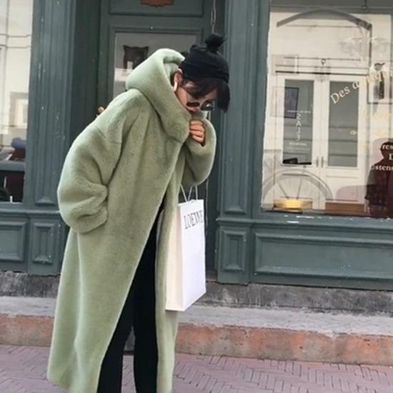 Осенне-зимнее толстое длинное свободное пальто выше колена с капюшоном, женское плюшевое пальто