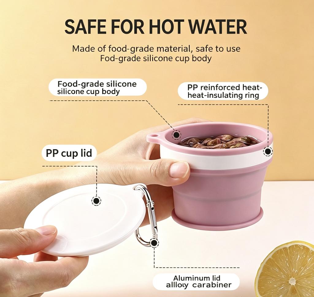 Silicone folding water cup with hook, suitable for outdoor activities, business trips, and travel, portable gargling cup, coffee