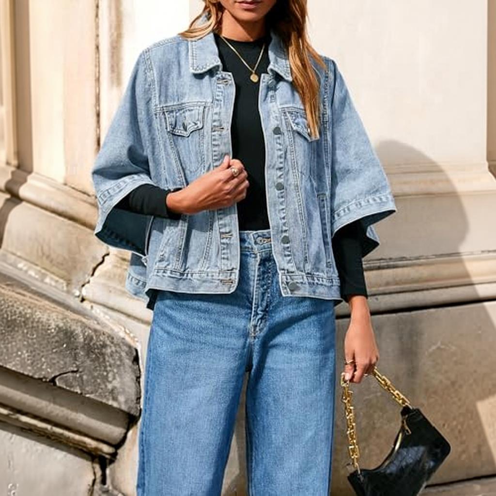 Женская укороченная джинсовая куртка с рукавами и свободным кейпом для повседневной носки
