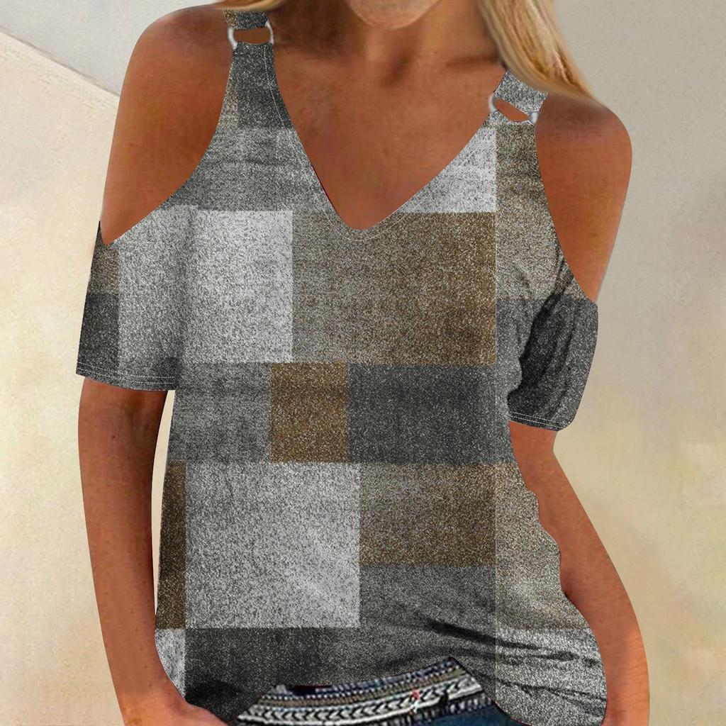 Женская летняя свободная футболка с полым V-образным вырезом и коротким рукавом с принтом