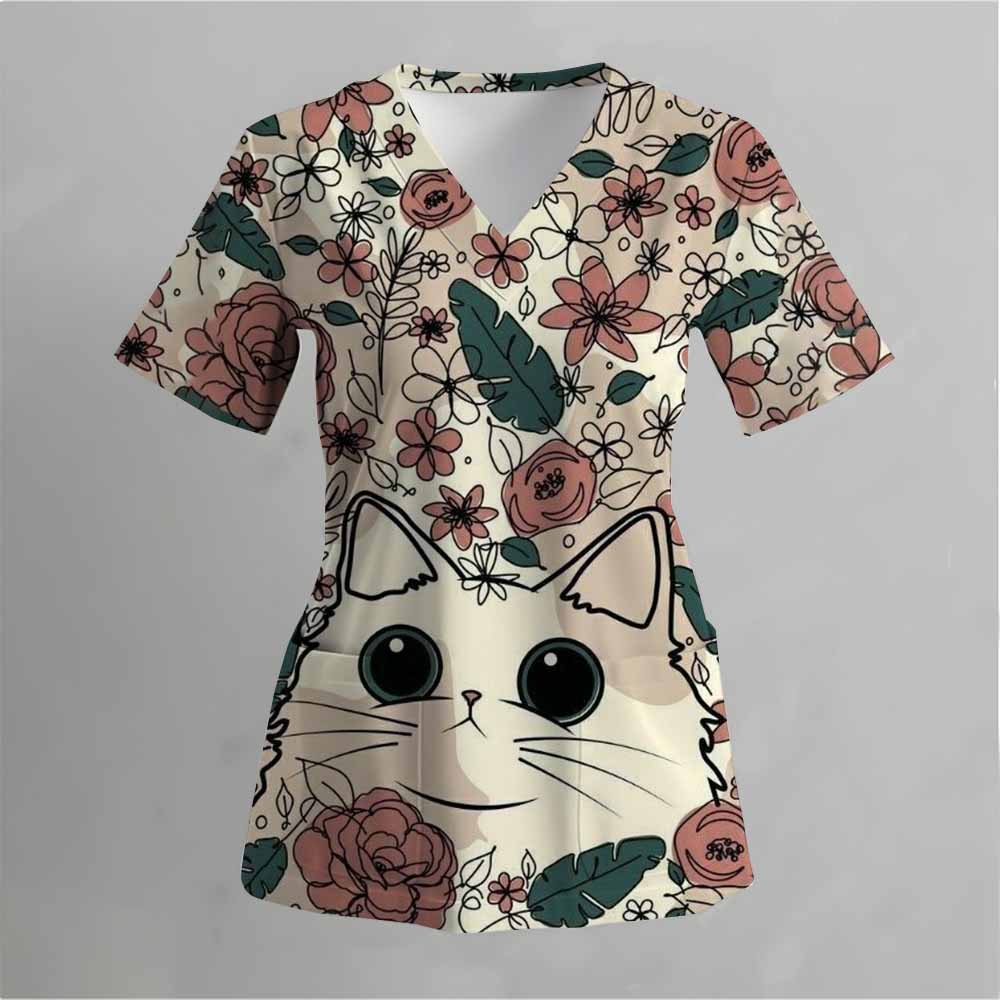 Матовая медицинская униформа с розовым рисунком в виде кошки, женская униформа с V-образным вырезом и коротким рукавом, с карманом, женская матовая
