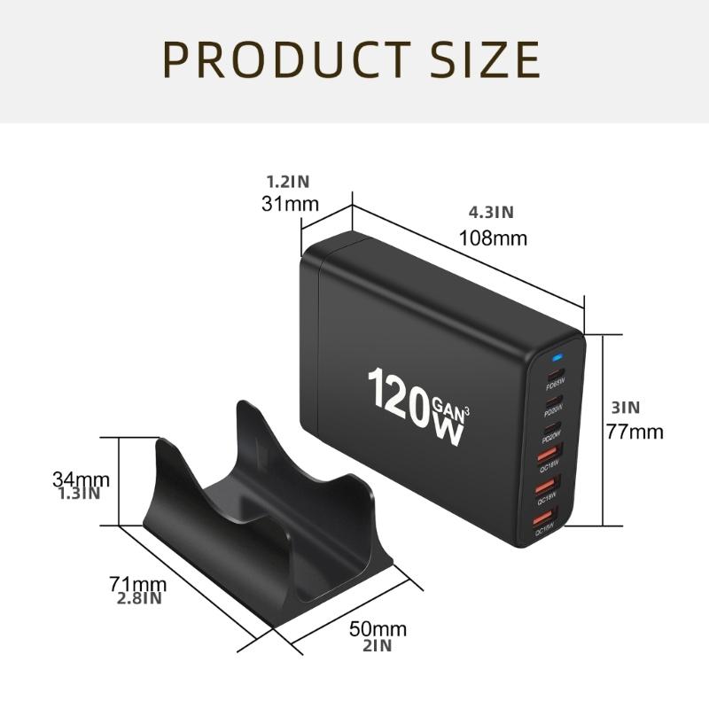 Портативная зарядная станция USB мощностью 120 Вт с 6 портами, 3 Type C PD и 3 USB A для одновременной зарядки телефонов, планшетов и других устройств