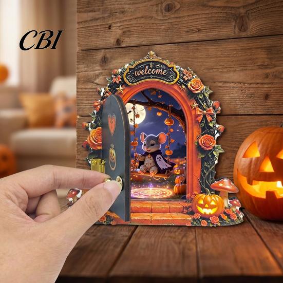 Unique Halloween Shelf Decor Mouse Hole Wall Decoration, Retro Arched Fairy Door with Pumpkin Decoration & Flower Decor, Miniature Openable