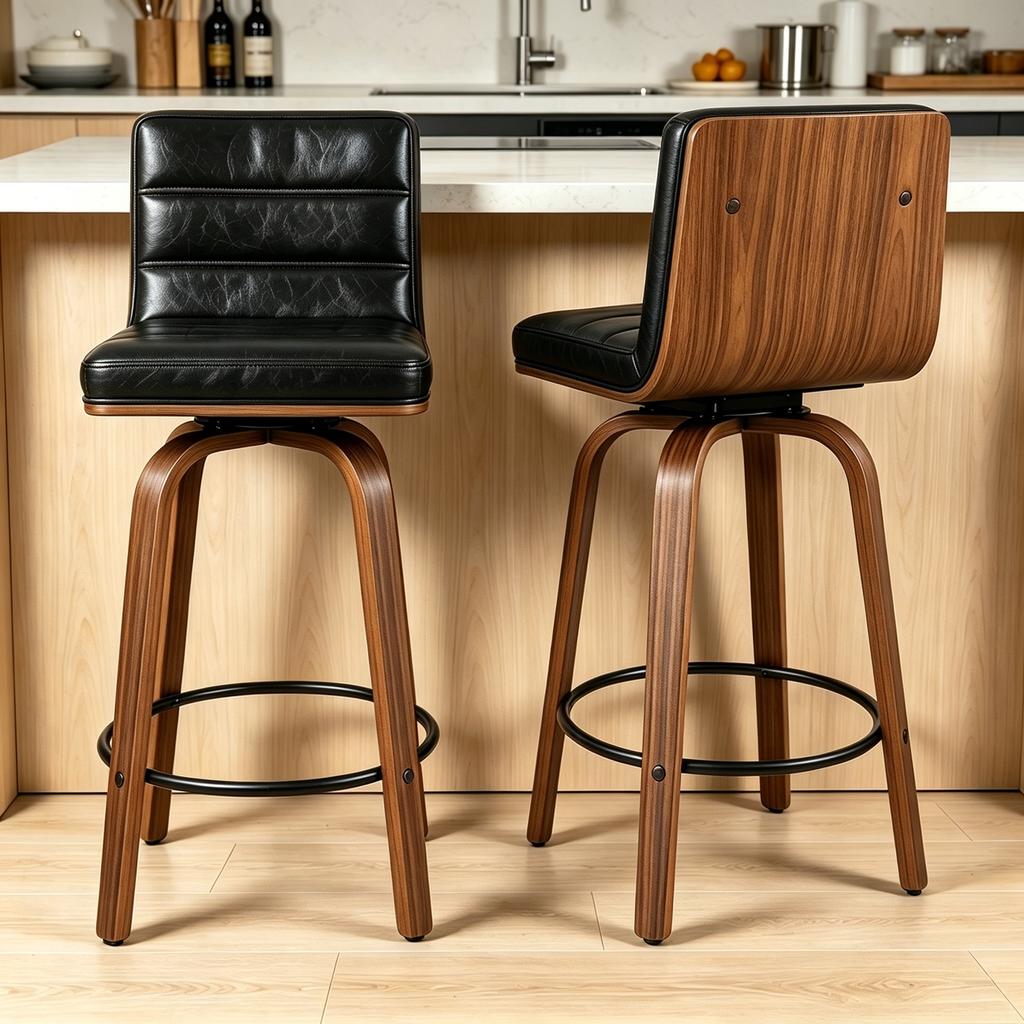 Swivel Bar Stool with PU Leather Upholstery & Curved Wooden Legs 360 degrees Swivel Chair for Kitchen, Bar & Counter
