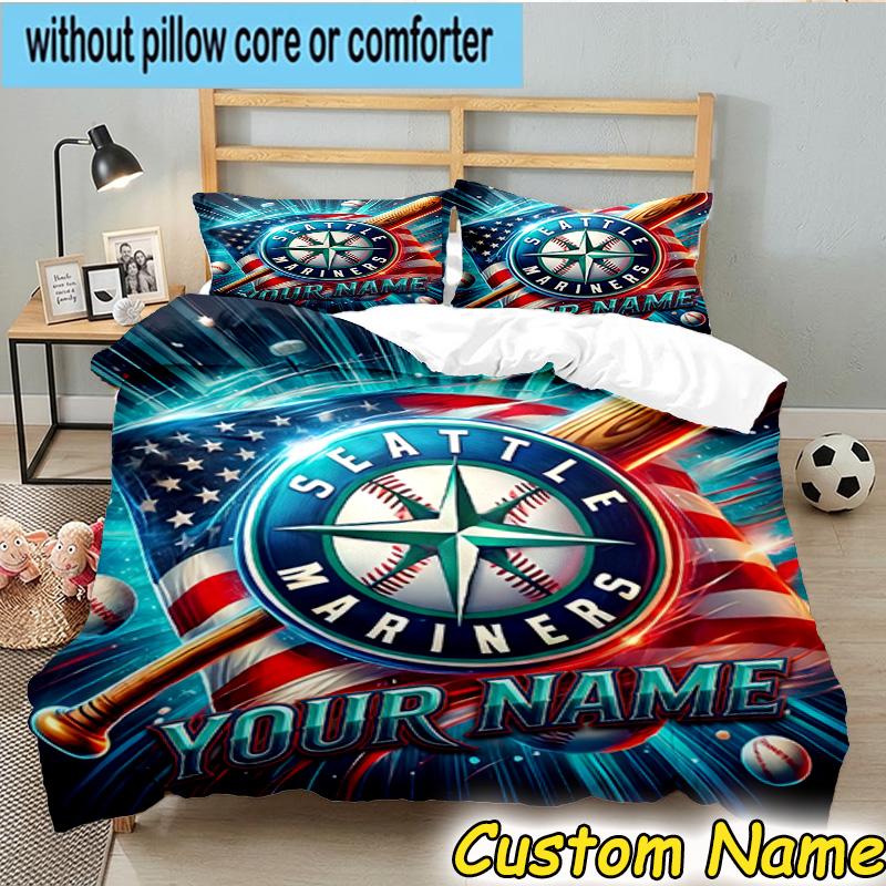3pcs Custom Name Mariners Team Logo Bedding Set Includes 1 Duvet Cover & 2 Pillowcases for All Seasons Dormitory Home Decor Christmas gifts