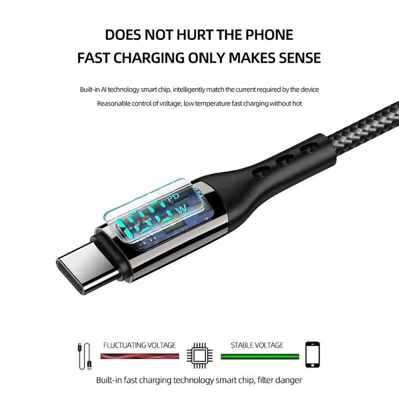 Кабель USB C - USB C с дисплеем для быстрой зарядки PD 100 Вт 5 А, Кабель Type-C - USB-C, Зарядное устройство для телефона, Совместимо или для Macbook Xiaomi Samsung