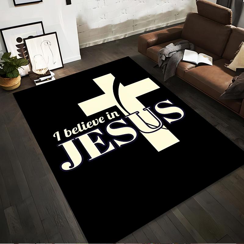 "I Believe in Jesus Cross Design Rug, Non-slip rug suitable for living room and bedroom sofas."