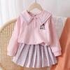 Spring Autumn Teen Girls Skirt Suit Cute Cartoon Long Sleeve Sweaters Casual Tunic Short Pleated Skirt Children's Colthes
