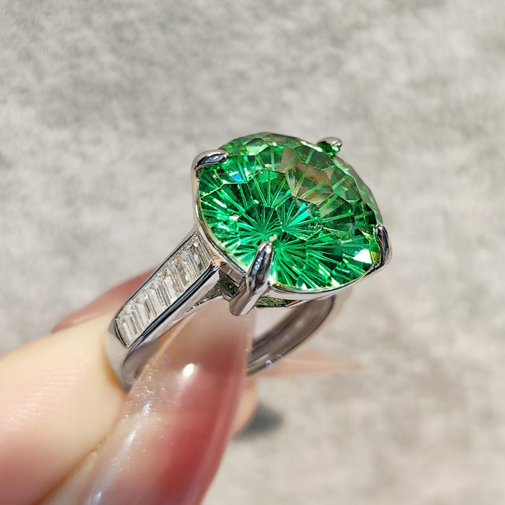 Super Sparkling Imitation Natural Green Zircon Ring with Exaggerated Large Particle Champagne Colored Opening Ring