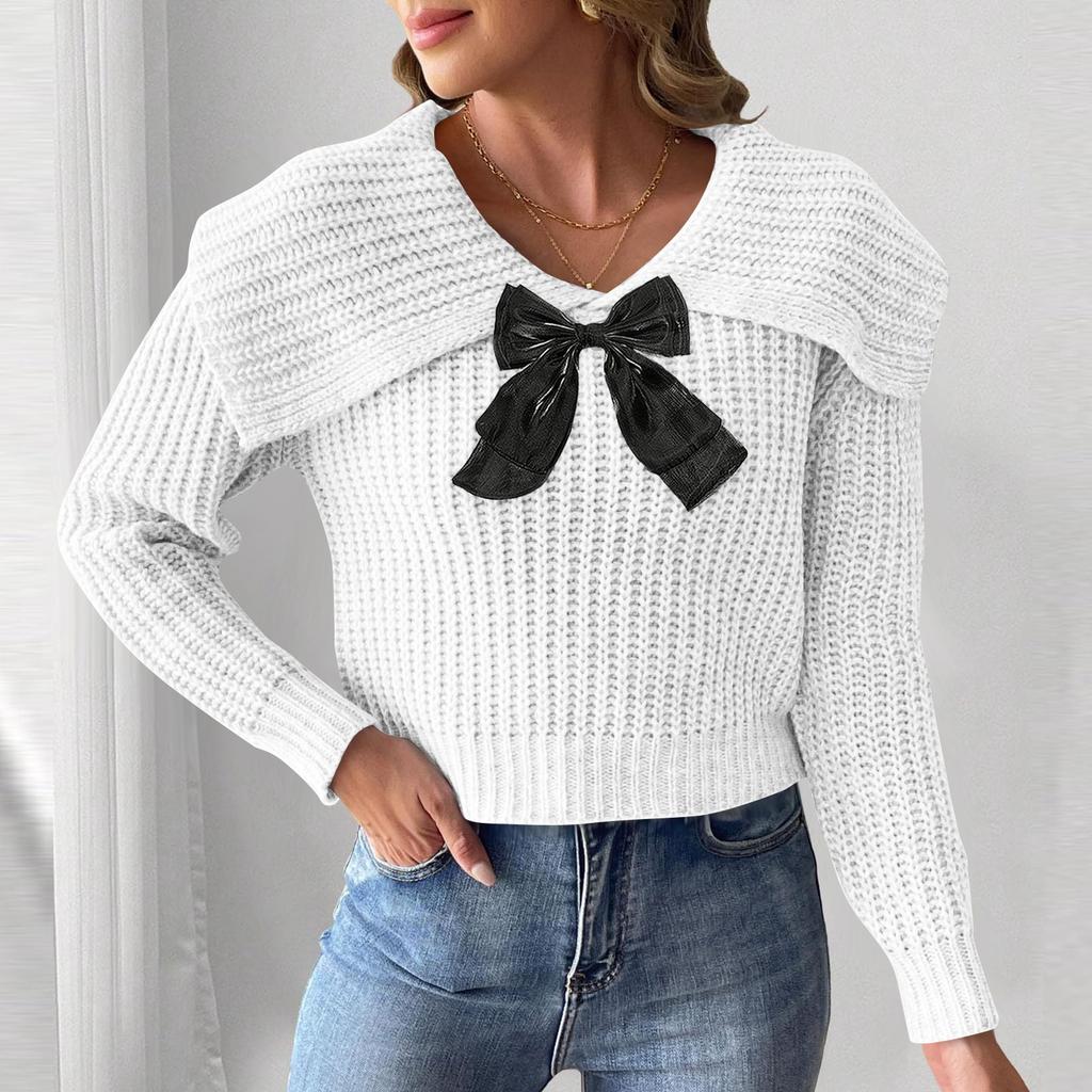 Women's Short Large Collar Butterfly Knot Splicing Pullover Sweater Top
