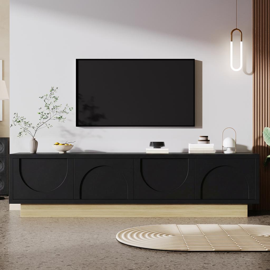 Modern Black TV Stand with Wood Grain – 175 cm – Minimalist, Curved Design – Plenty of Storage Space and Cable Management