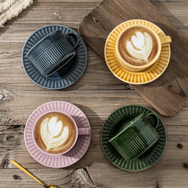 Винтажный стиль чашка для кофе и набор керамическая чашка для латте рельефный вертикальный узор чашка посудомоечная машина микроволновая печь дезинфекционный шкаф