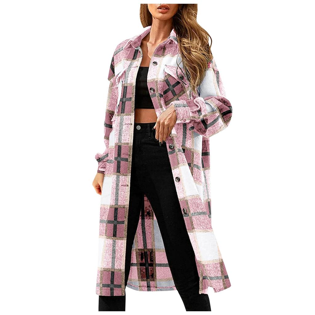 Fashion Women's Casual Loose Grinding Wool Plush Plaid Long-sleeved Jacket Overcoat