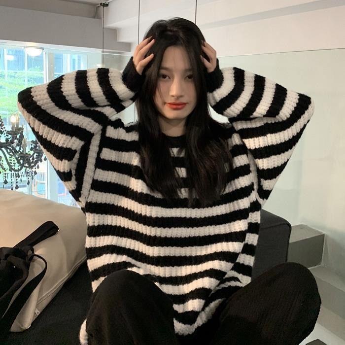 Винтажный полосатый свитер, женский вязаный пуловер в стиле Харадзюку, свободный джемпер, повседневные шикарные топы с длинными рукавами, уличная одежда