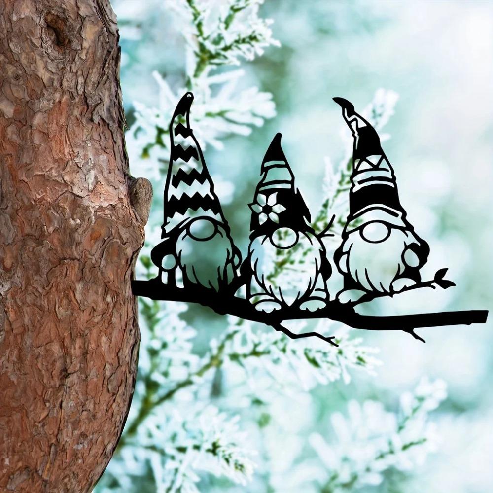 Metal Branch with 3 Gnomes Stake – Charming Yard Decor, Garden Tree Art, Outdoor Backyard Decoration, Perfect Garden Gift
