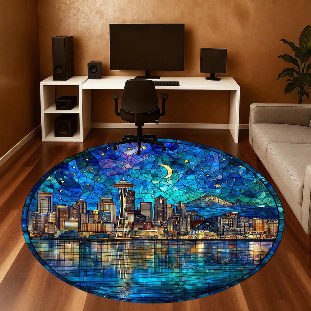 1pc Stained Glass Seattle Pattern Office Round Rugs, Under Chair Round Rugs for Living Room, Bedroom, Bathroom Decoration Carpet 091814