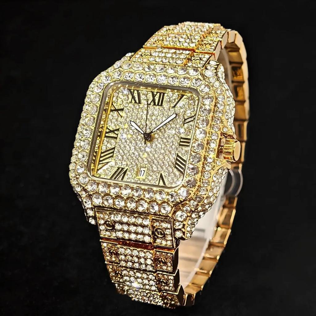 UNIGUET Black Diamond Watch For Man Fashion Roman literal Square Watch Hip Hop Full Iced Jewelry Wrist Watch Men Dropshipping
