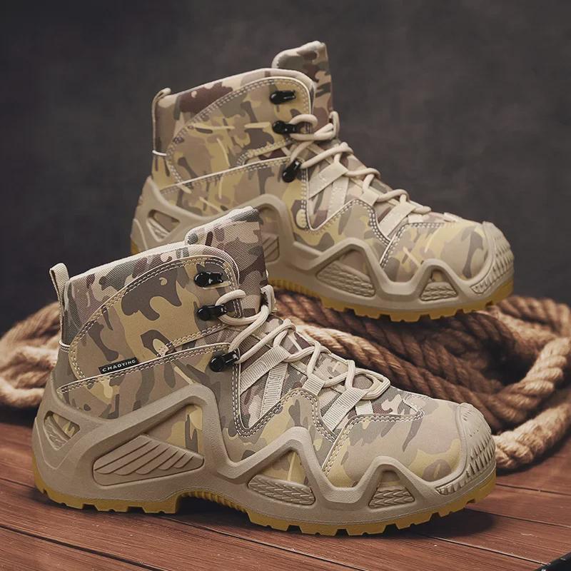 2024 Autumn Men's High-Top Camouflage Hiking Boots: Wear-Resistant, Non-Slip, Height-Enhancing, for Outdoor Training.