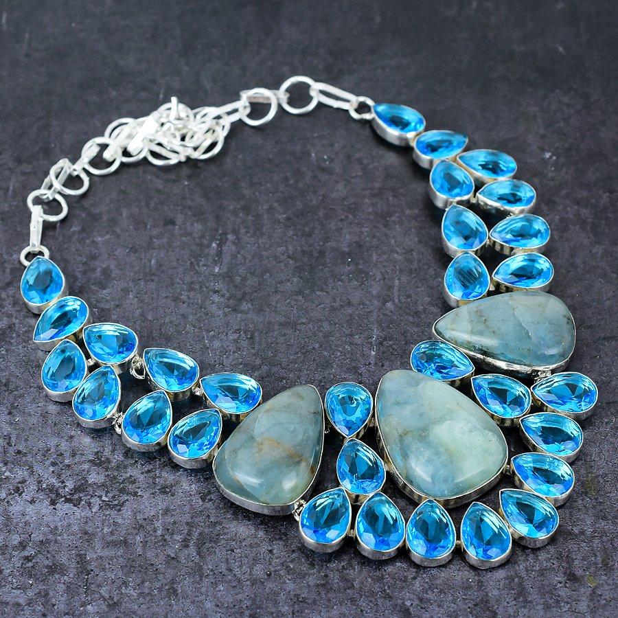 Аквамарин, Голубой Топаз Драгоценный камень 925 Стерлинговое Серебро Ювелирное Изделие Колье 18"