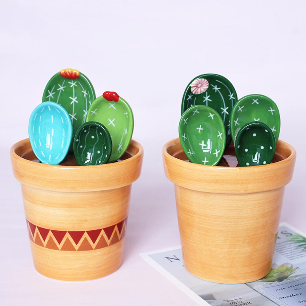 Cartoon Cactus Measuring Spoons Set Lead-free Earthenware Ceramic for Kitchen Home Ornaments