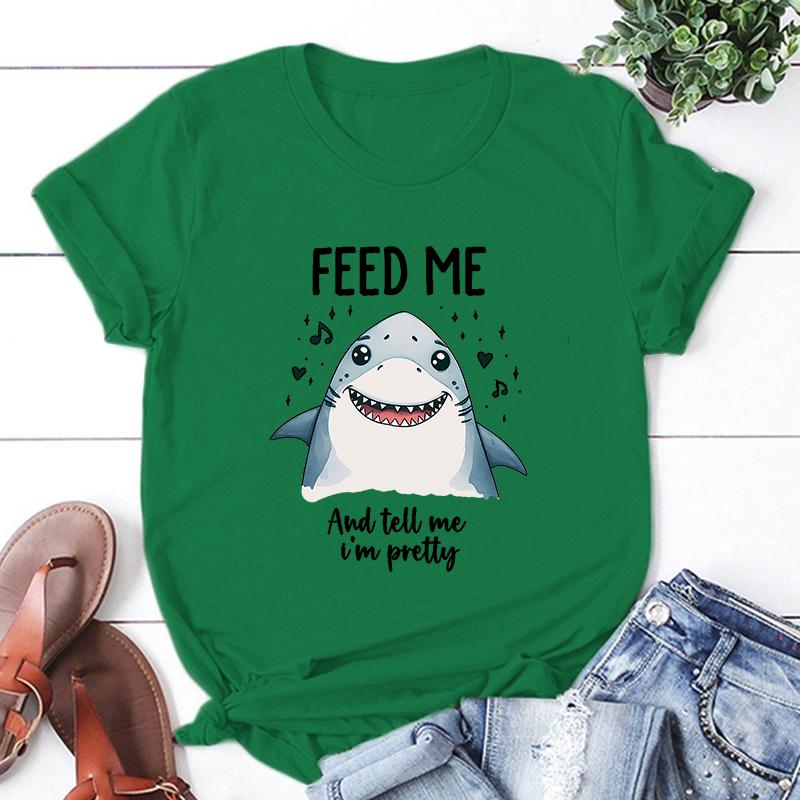 Hot Shark Feed Me And Tell Me I'M Pretty Print Unisex T-Shirt Loose Short Sleeve Harajuku Casual Tops Women T-Shirt