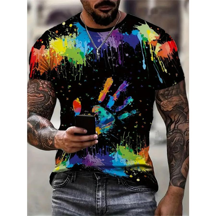 Men's Colorful Paw Graphic Print T-shirt, Casual Short Sleeve Crew Neck Tee, Men's Clothing For Outdoor