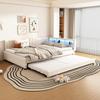 Sofa Bed 140x200 Cm Extendable LED Strip USB+Type-C Storage Compartment Slatted Frame Linen Bed Frame Without Mattress Beige