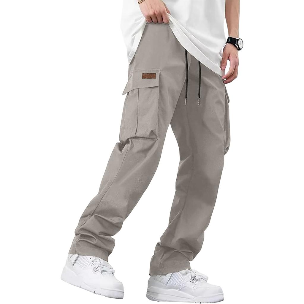 Men's Loose Casual Multi-pocket Work Pants, Youth Stretch Waist Drawstring Pants