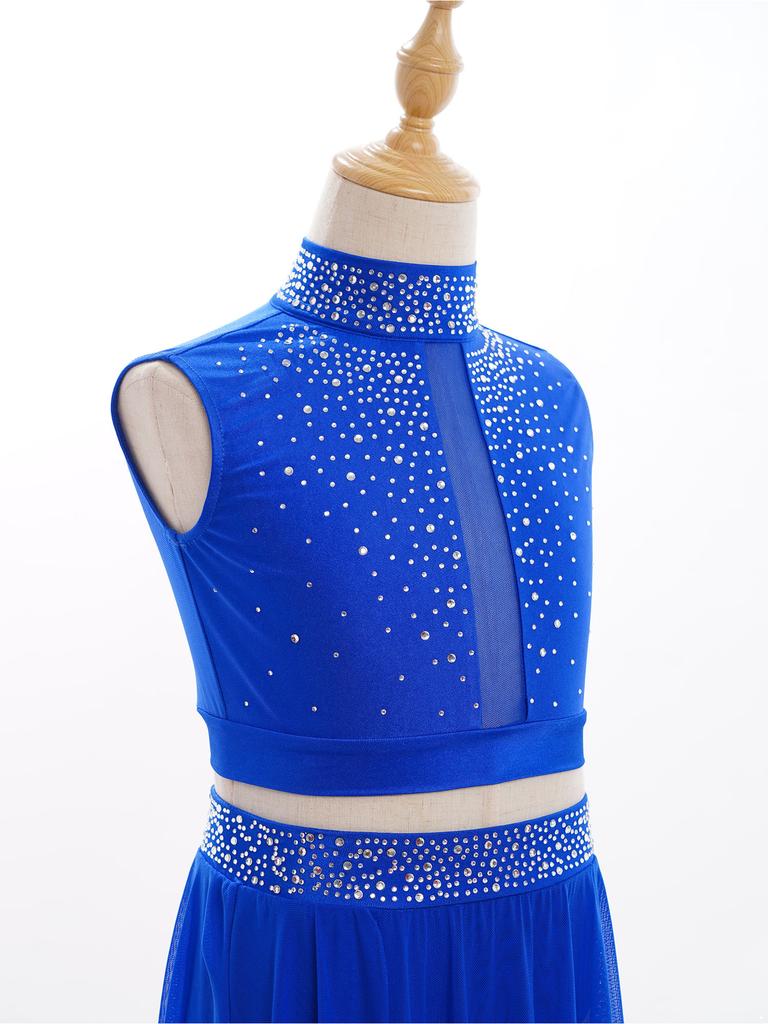 Укороченный топ для девочек Lyrical Dance с воротником-стойкой, без рукавов, вырез-замочная скважина сзади, отделка стразами для современных выступлений