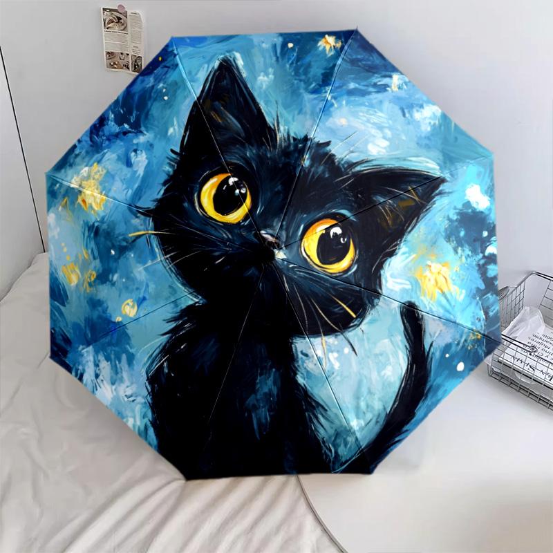 Узор 'Ночной кот', автоматический складной зонт, портативная и складная конструкция, 8 спиц, рождественский или праздничный подарок.